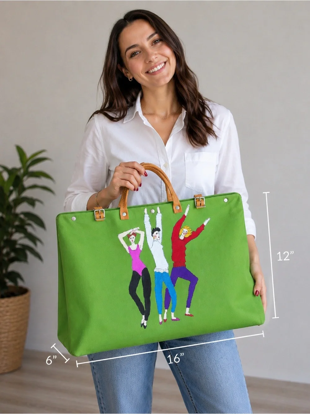 Vintage Handmade Green Canvas Hand Painted and Signed Tote Bag Satchel Purse